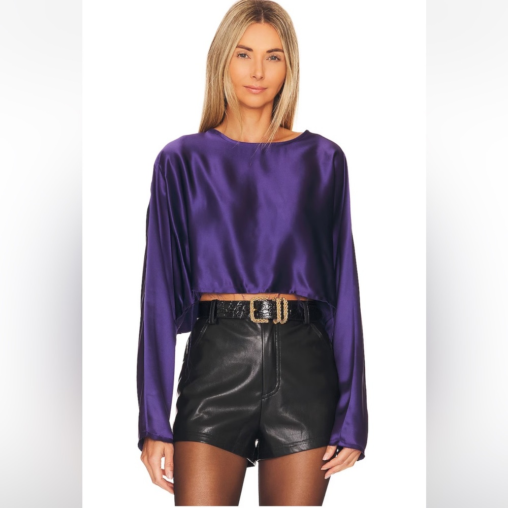 NONchalant Label Emilia Crop Top in Eggplant Small NWT silk blouse long sleeve